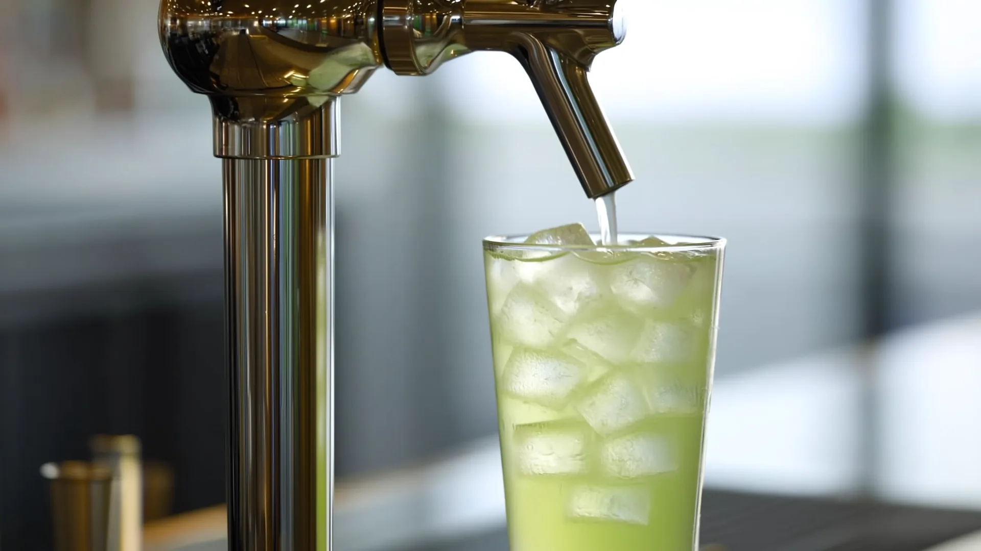 A pale green HockTail pouring from a steel tap over ice.